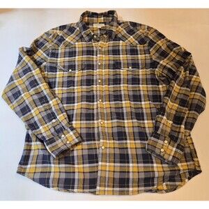 Lucky Brand Saturday Stretch Plaid Pearl Snap Front Shirt Mens Large Blue Yellow